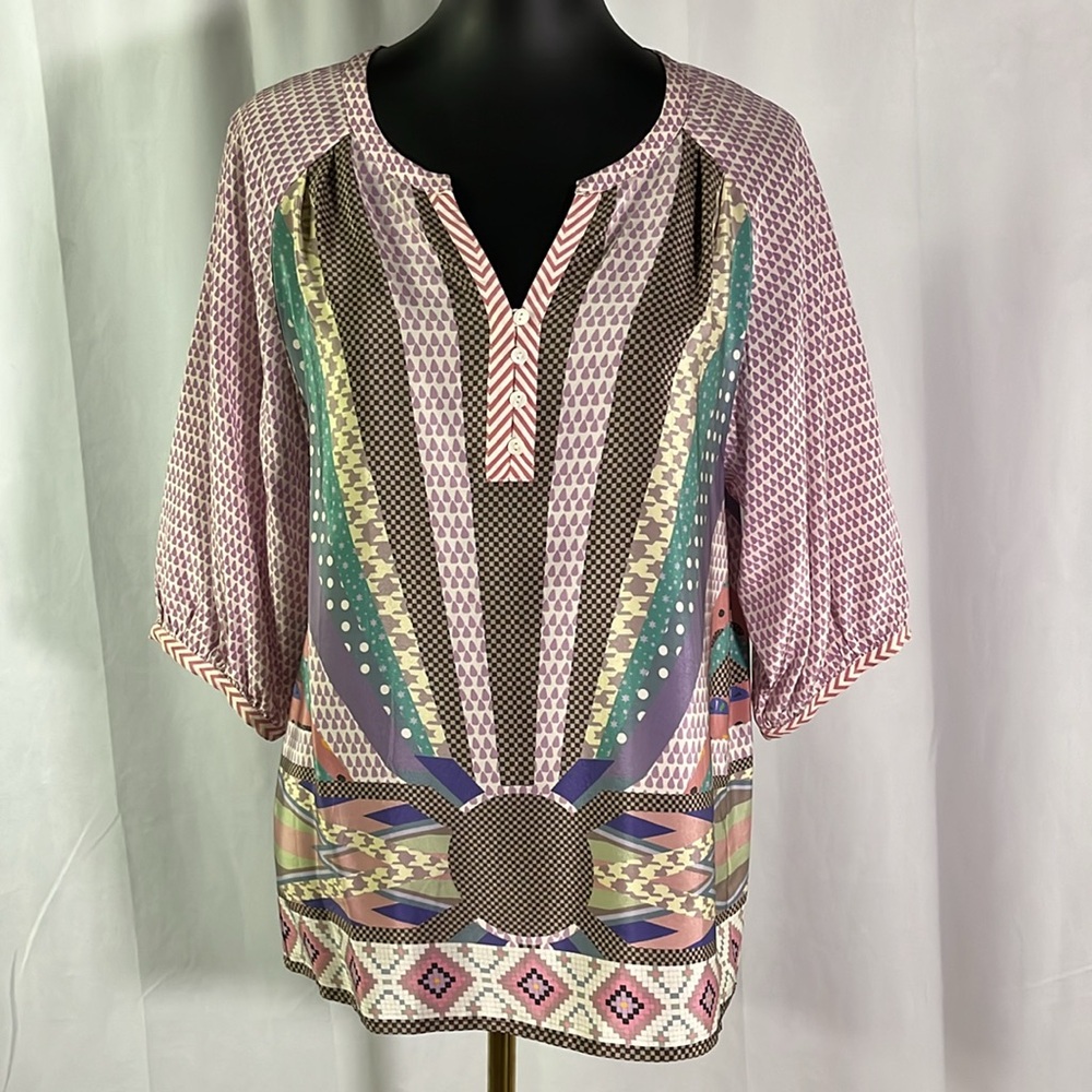 Anthropologie Heyhoe Multicolor Boho Print 3/4 Sleeve Silk V-Neck Blouse
